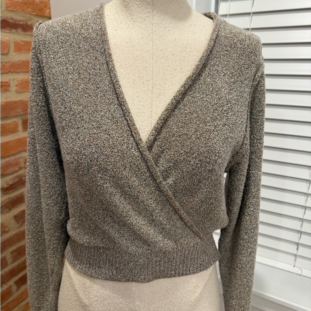 Free People Gray V-Neck Sweater with Long Sleeves and Cropped Length